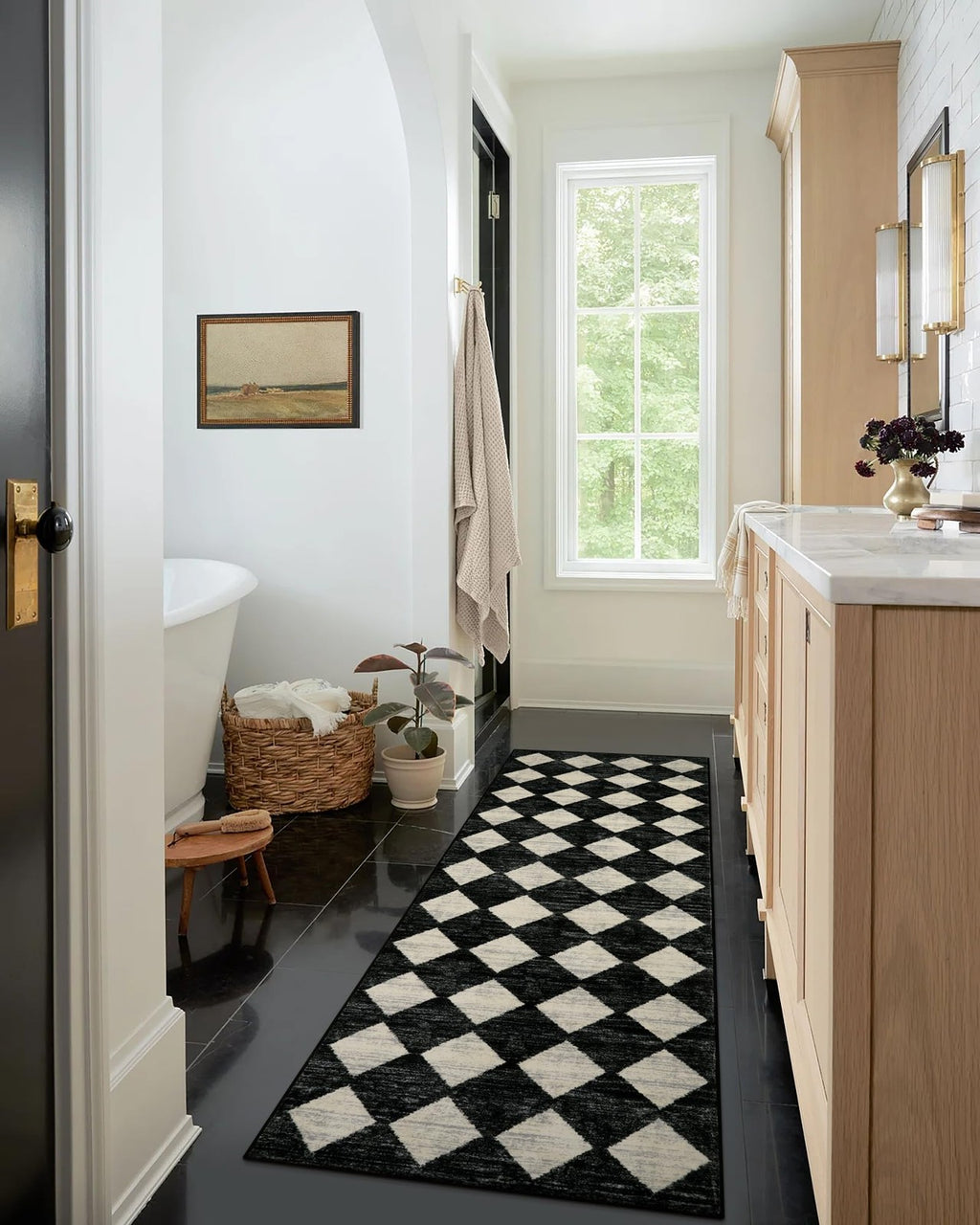 Washable 2x7 Runner Rug, Black & White Trellis, Soft & Stain Resistant