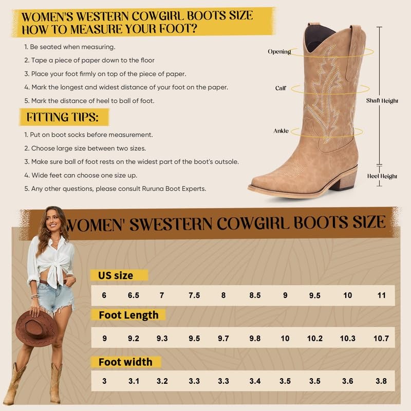 Women’s Tan Cowgirl Boots Mid Calf Square Toe Western Style