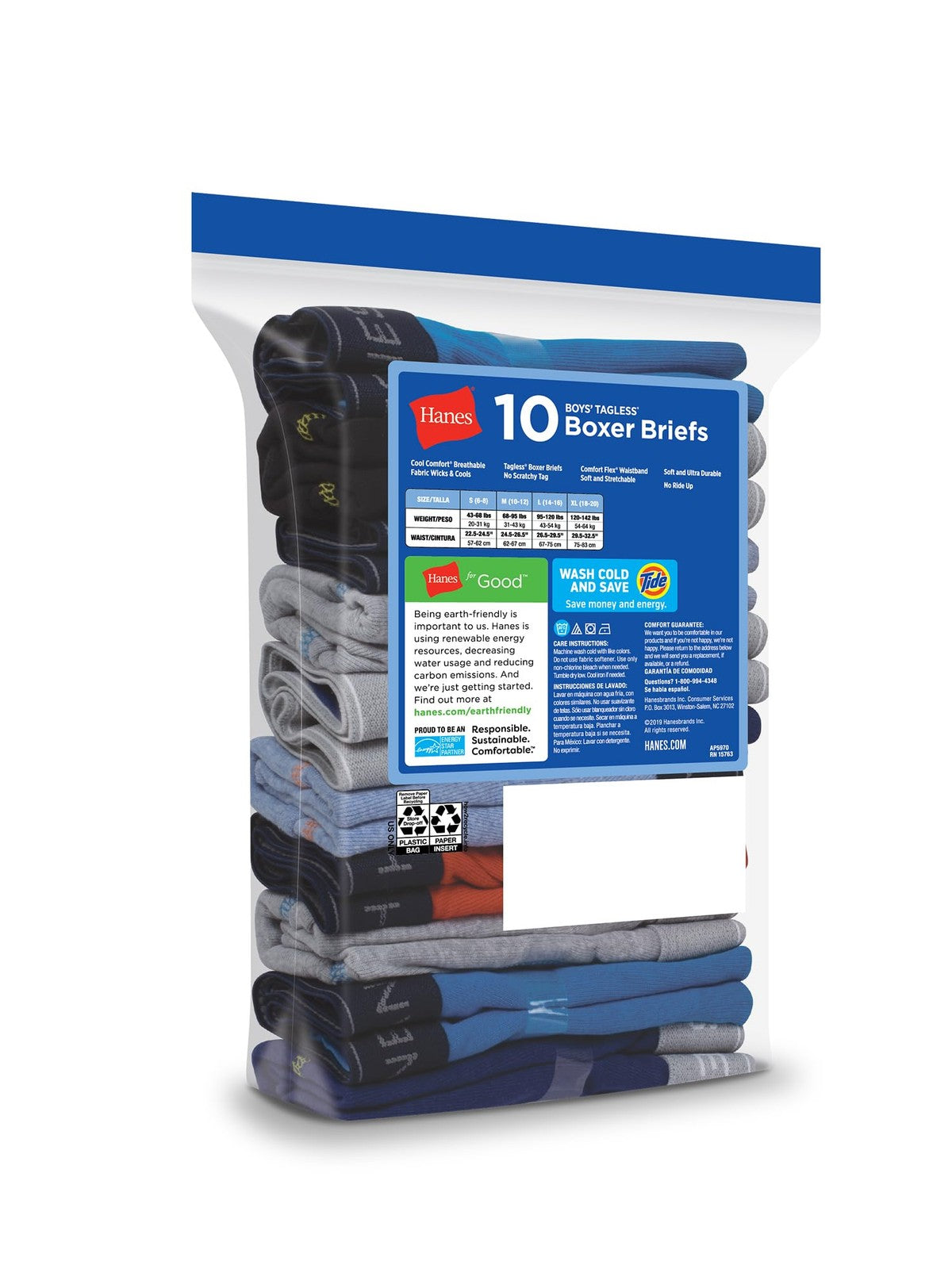 Hanes 10 Pack Boys' Boxer Briefs, Comfort Flex, Large, Assorted Colors