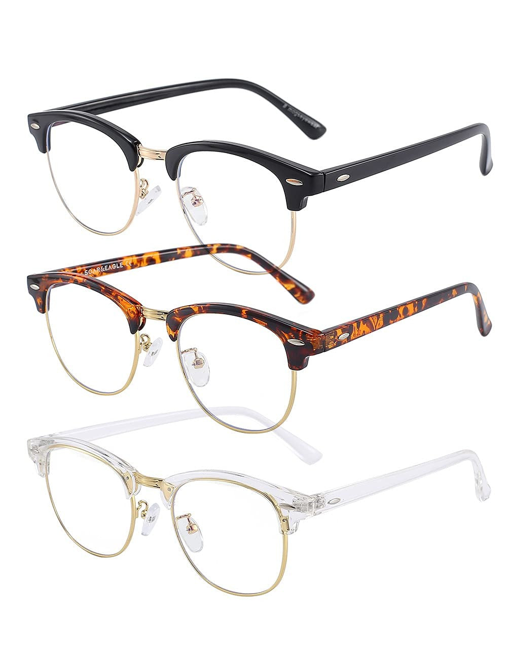 3 Pack Retro Blue Light Blocking Glasses, UV400, Bright Black/Amber/Crystal