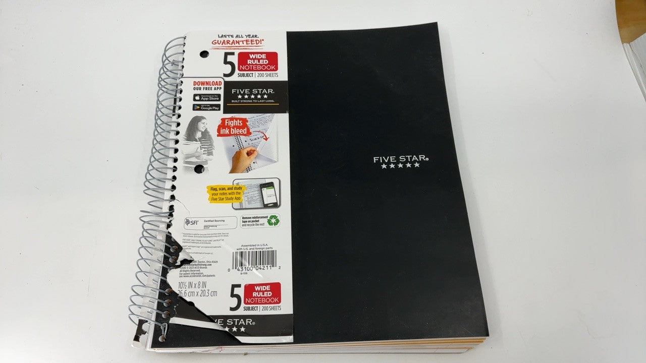 Five Star Black Spiral Notebook, 5 Subject, 200 Wide Ruled Sheets, 8" x 10.5"
