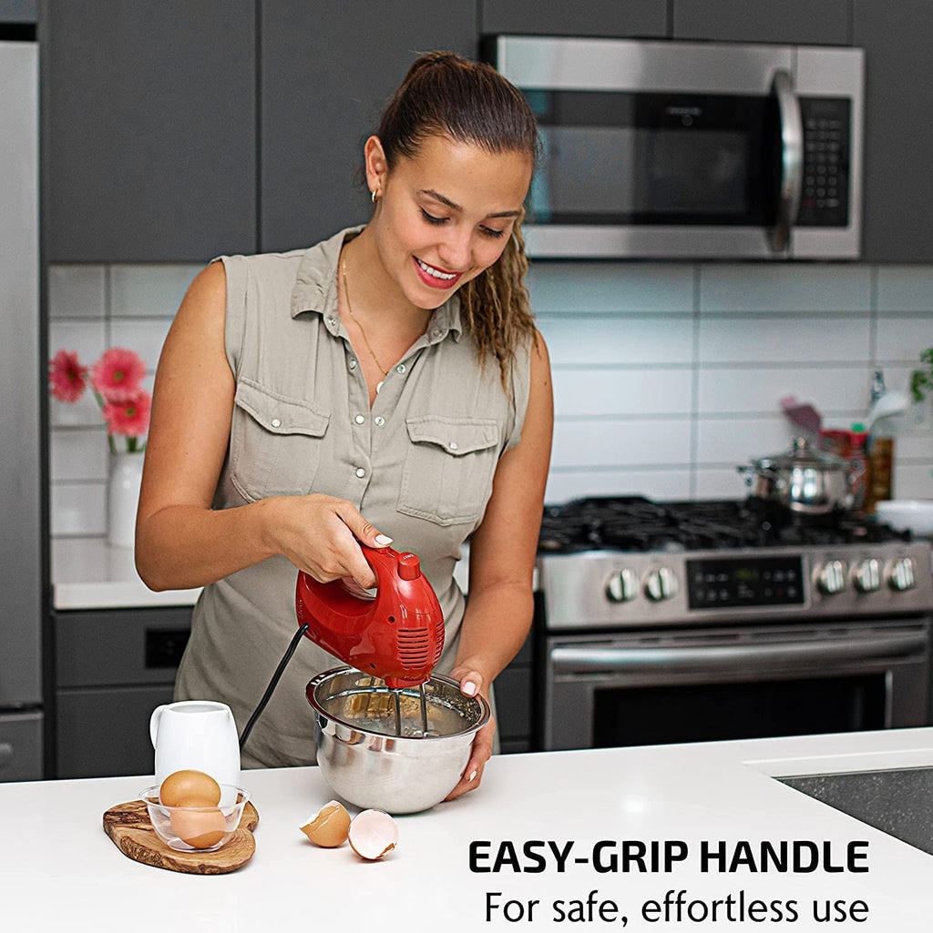 OVENTE Red Hand Mixer HM151R, 150W, 5-Speed w/ Stainless Steel Whisks