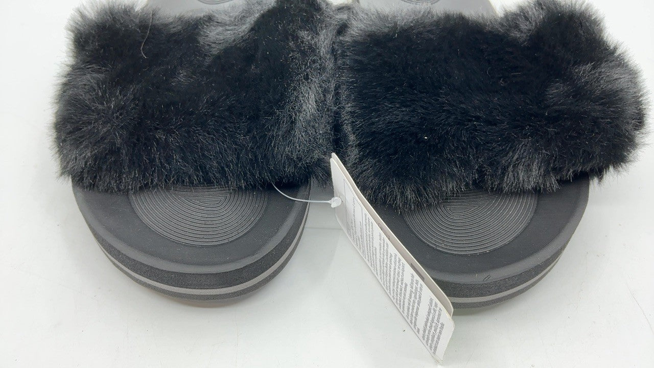 COFACE Women's Slippers 8.5 Arch Support Open Toe Fuzzy Black