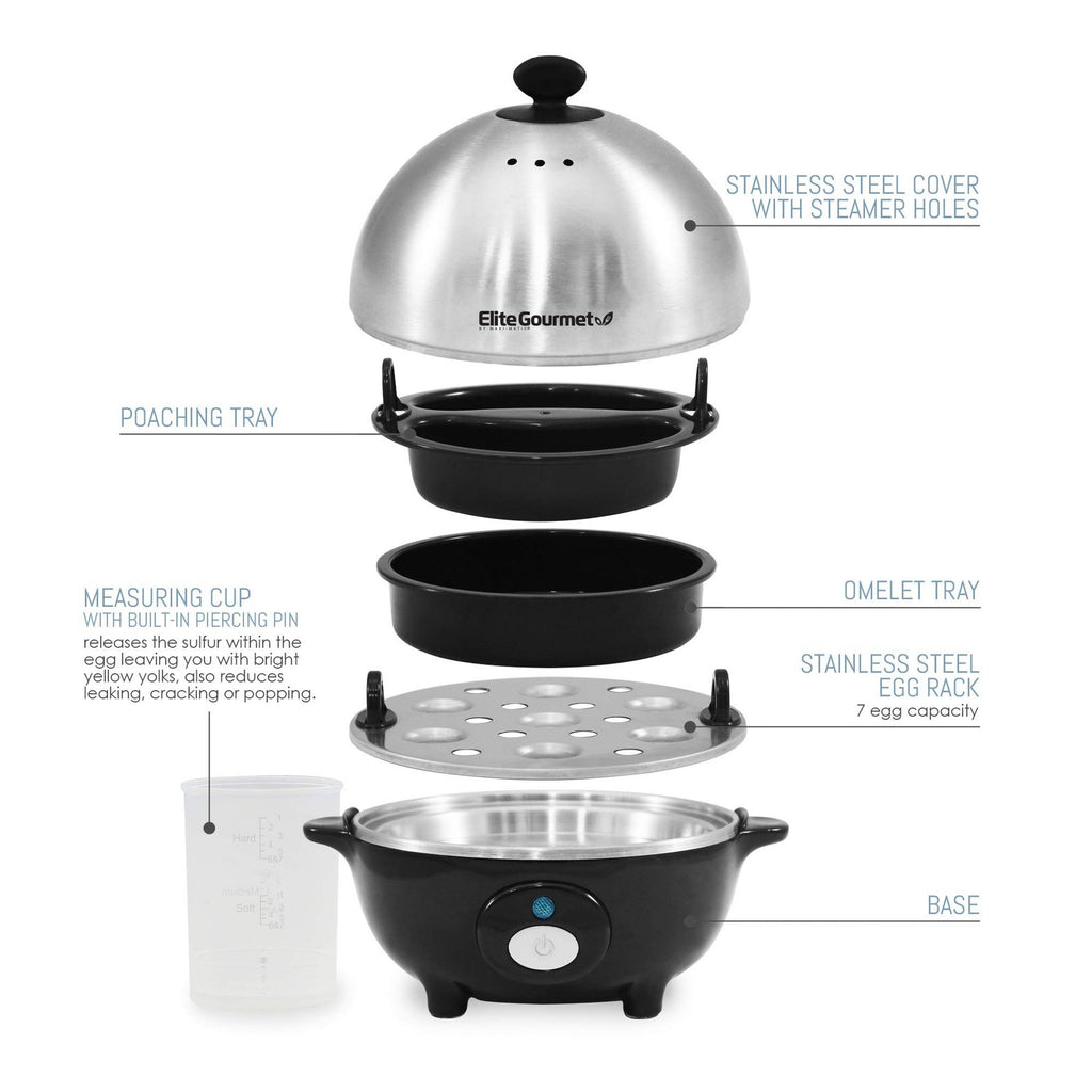 Elite Gourmet EGC-508 Egg Cooker, 7 Egg, Stainless Steel, Auto Shut-Off