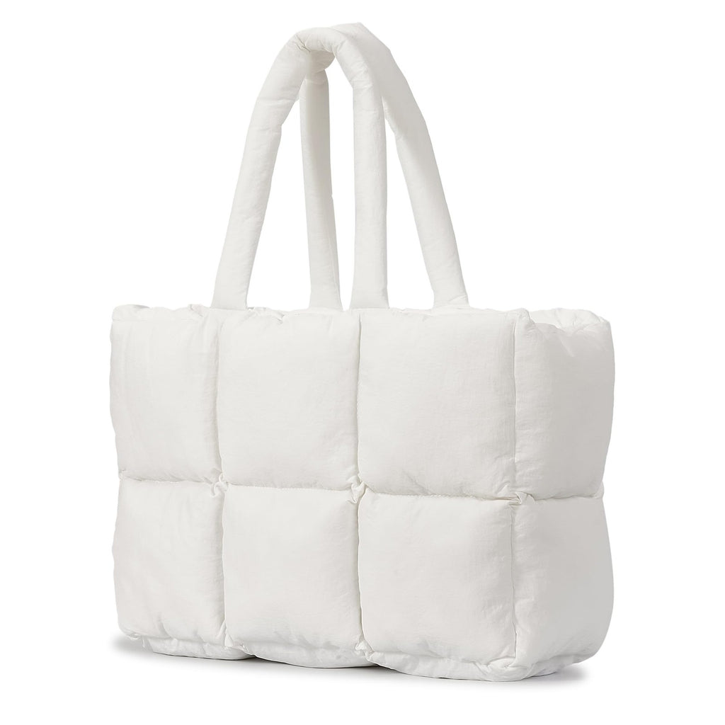 Lightweight White Quilted Puffer Tote Bag, Women's Large Handbag