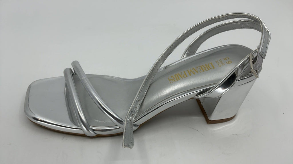 Women's Silver Chunky Heels, Size 6.5, Open Toe Strappy Sandals