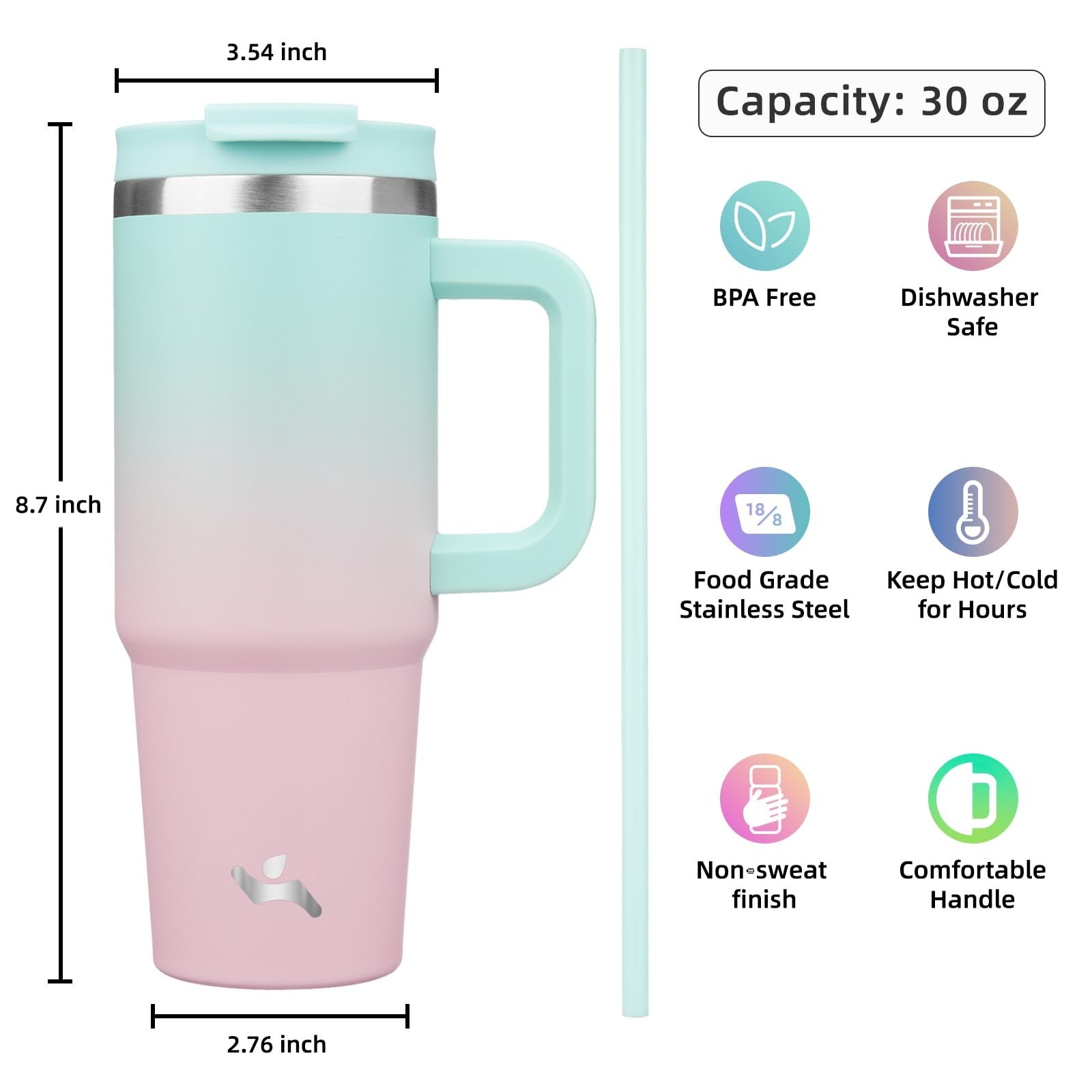 30 oz Insulated Tumbler w/ Handle & 2 Straws, Stainless Steel, Gum