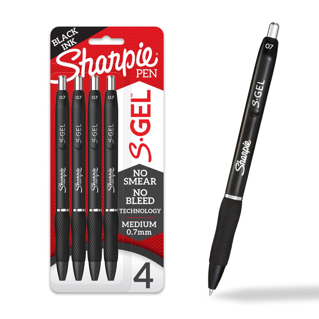 Sharpie S-Gel Pens 0.7mm Black Ink 4 Count - No Smear, Comfortable Grip