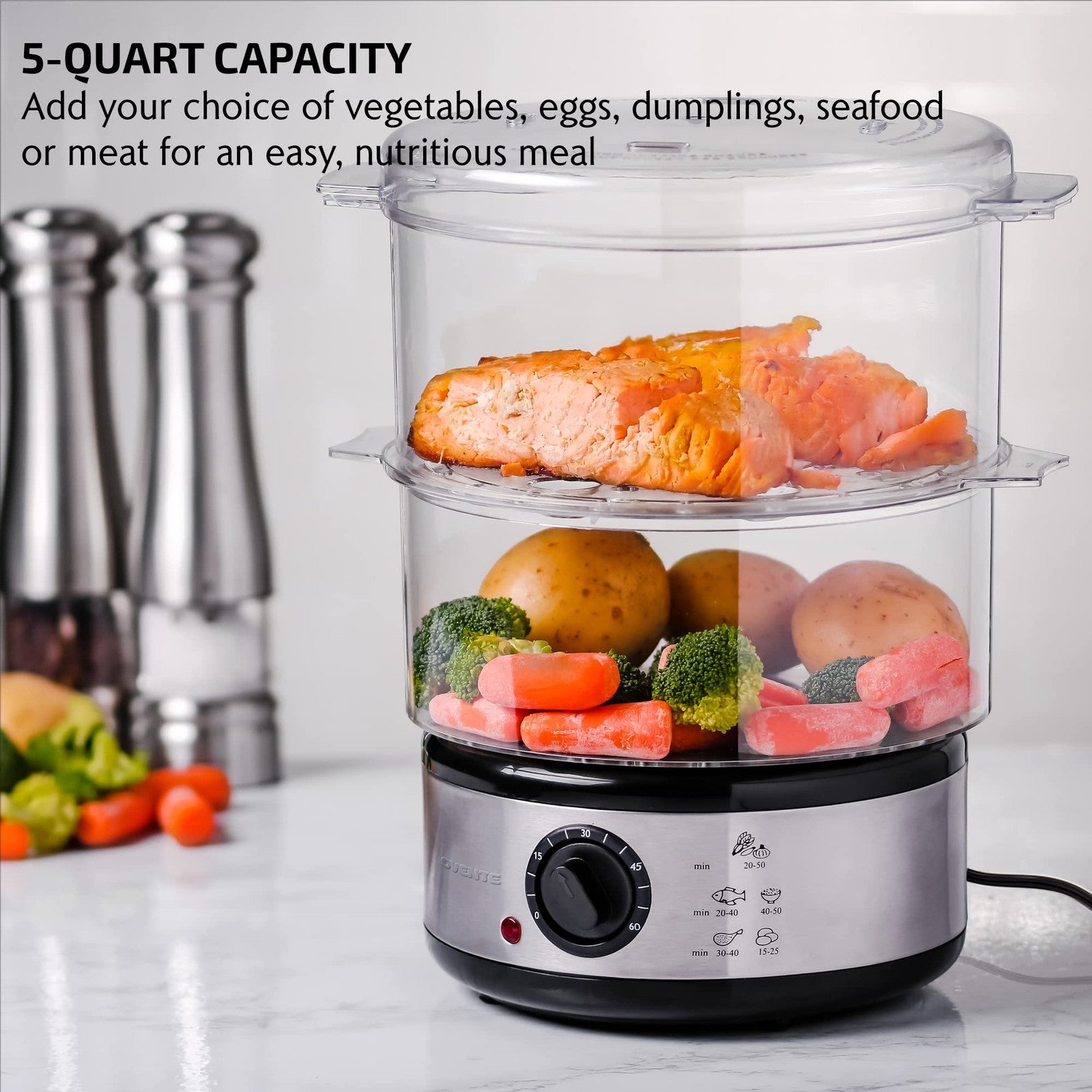 Electric Food Steamer, 2-Tier, 400W, 60-Min Timer, Stainless Steel, Silver