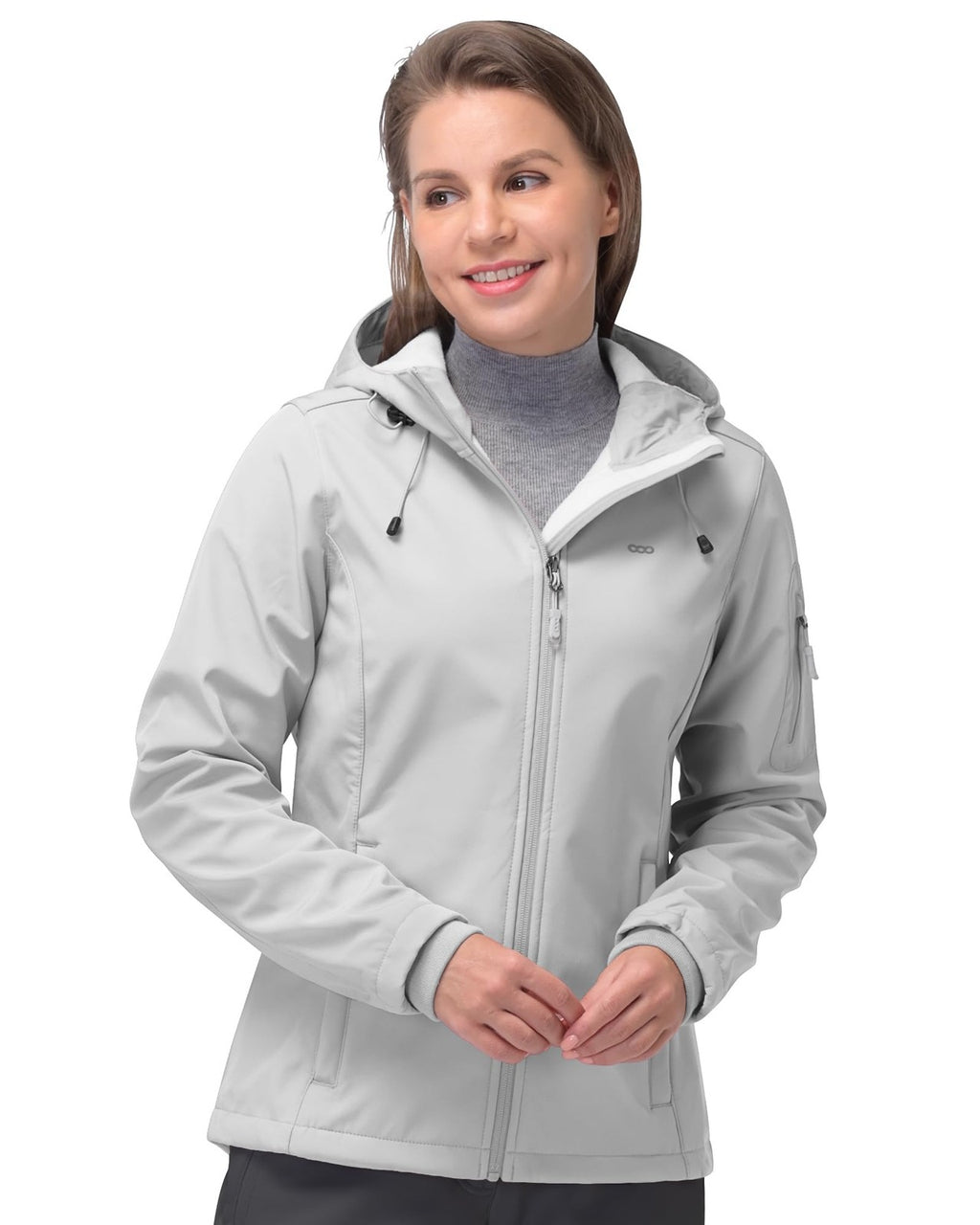 Hooded Women's Softshell Jacket, Fleece Lined, Windproof, Ice Grey, Medium