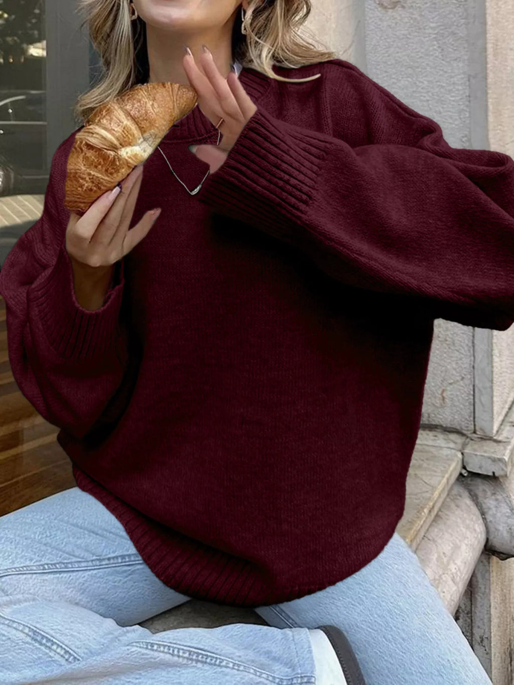 Ribbed Round Neck Dropped Shoulder Sweater