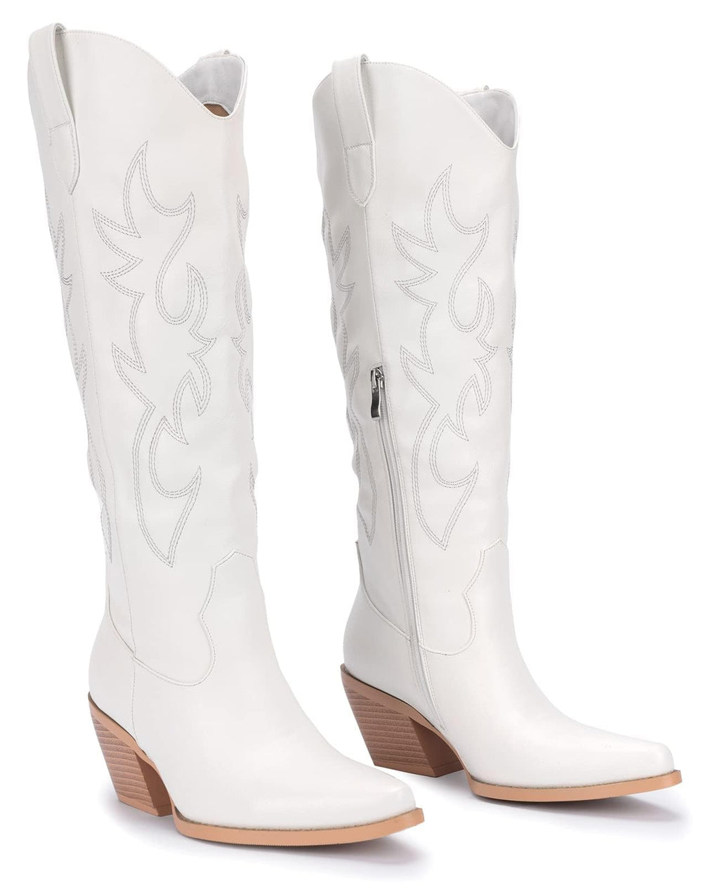 Embroidered White Cowboy Boots for Women, 8 Wide, Chunky Heel, Knee High
