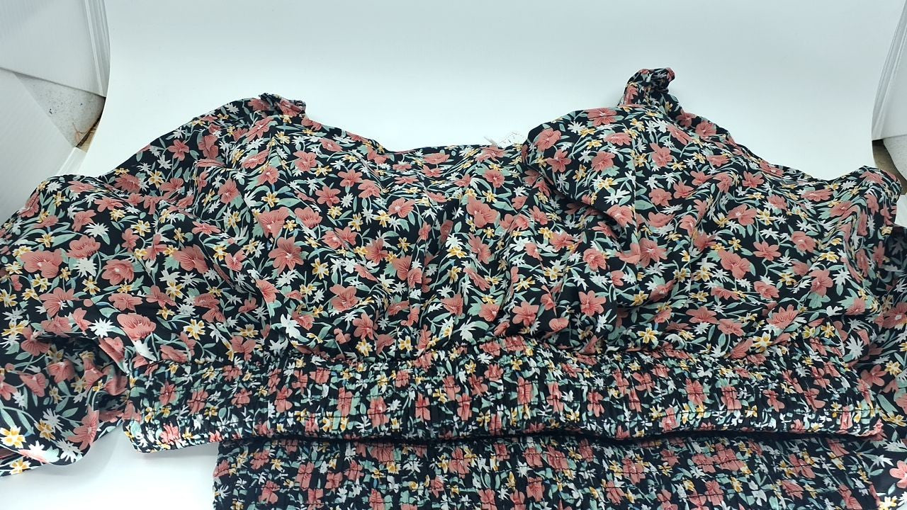 Floral Midi Bodycon Dress w/ Puff Sleeves, Square Neck, Blue Purple, M