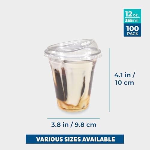 100 Pack 12 Oz Clear Plastic Cups w/ Strawless Sip Lids - Disposable Tumblers