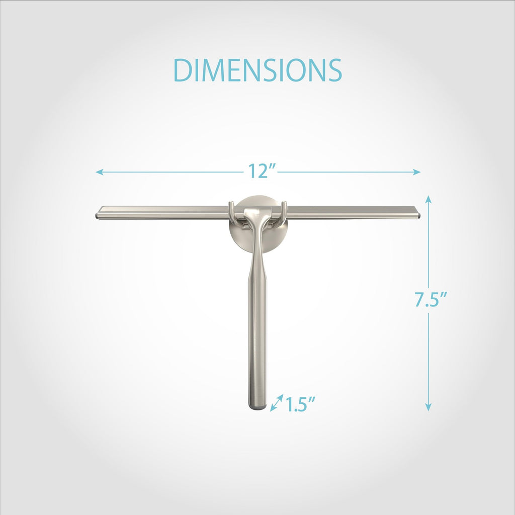 Heavy Duty 12 In Shower Squeegee w/ Silicone Blade & Brushed Nickel Hook