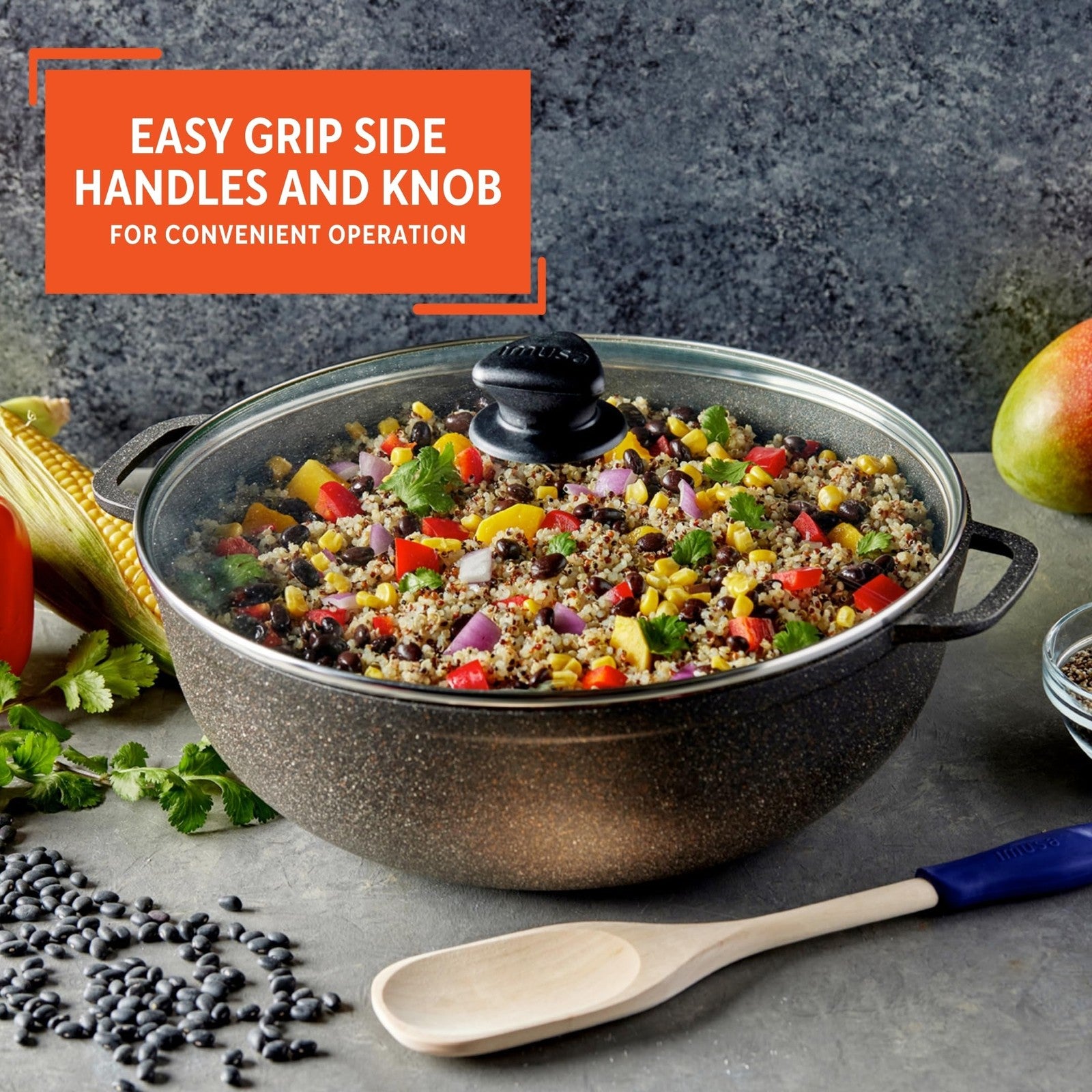 3.5Qt IMUSA Fuzion Nonstick Caldero, Cast Aluminum, Black w/ Glass Lid