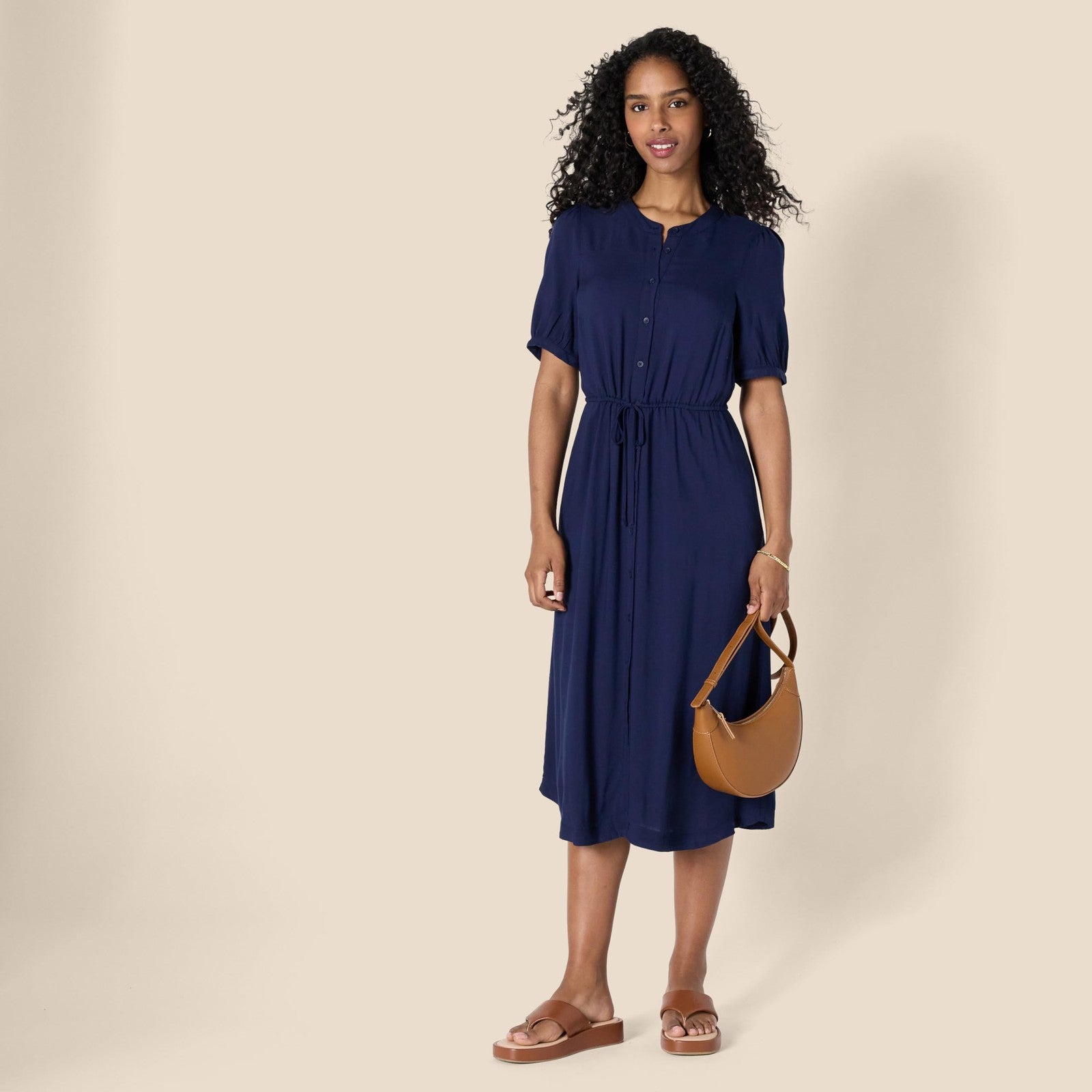 Casual Navy Midi Dress, Large, Half Sleeve, Fit & Flare, Pockets