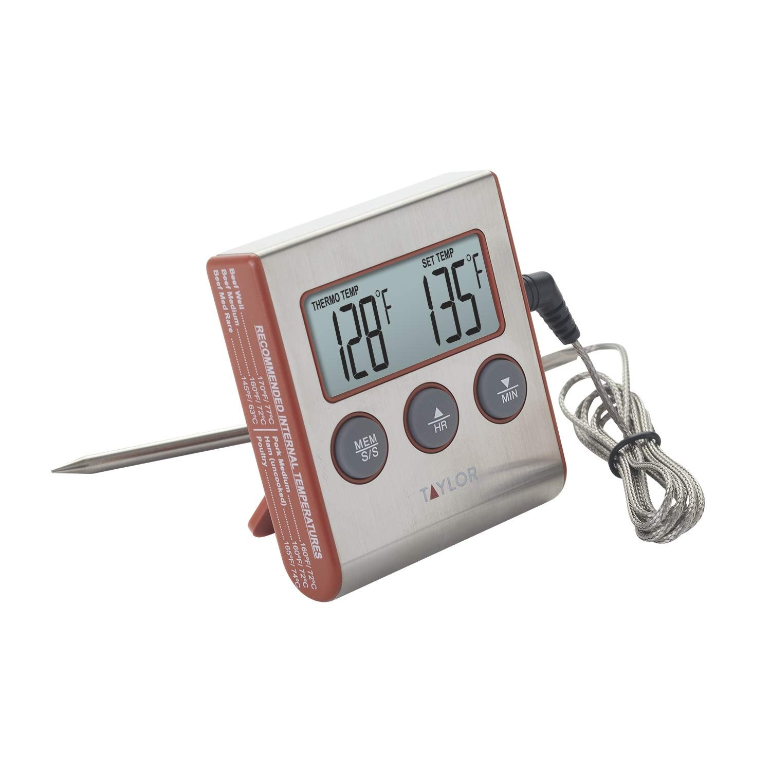 Wired Probe Cooking Thermometer w/ Timer Alarm, Red Steel Design
