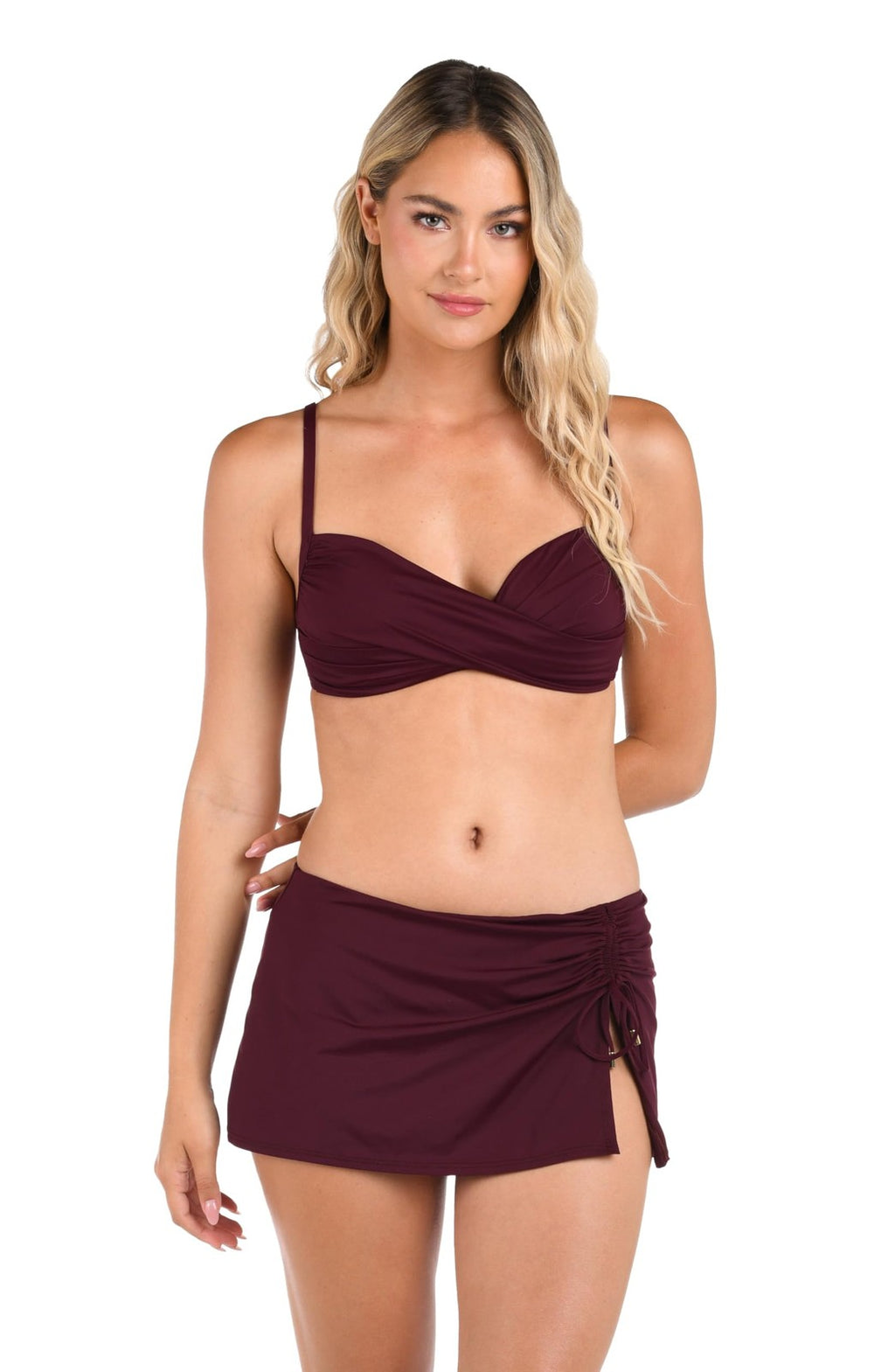 Island Goddess Asymmetrical Skirted Swimsuit Bottom, Size 12, Dark Cherry