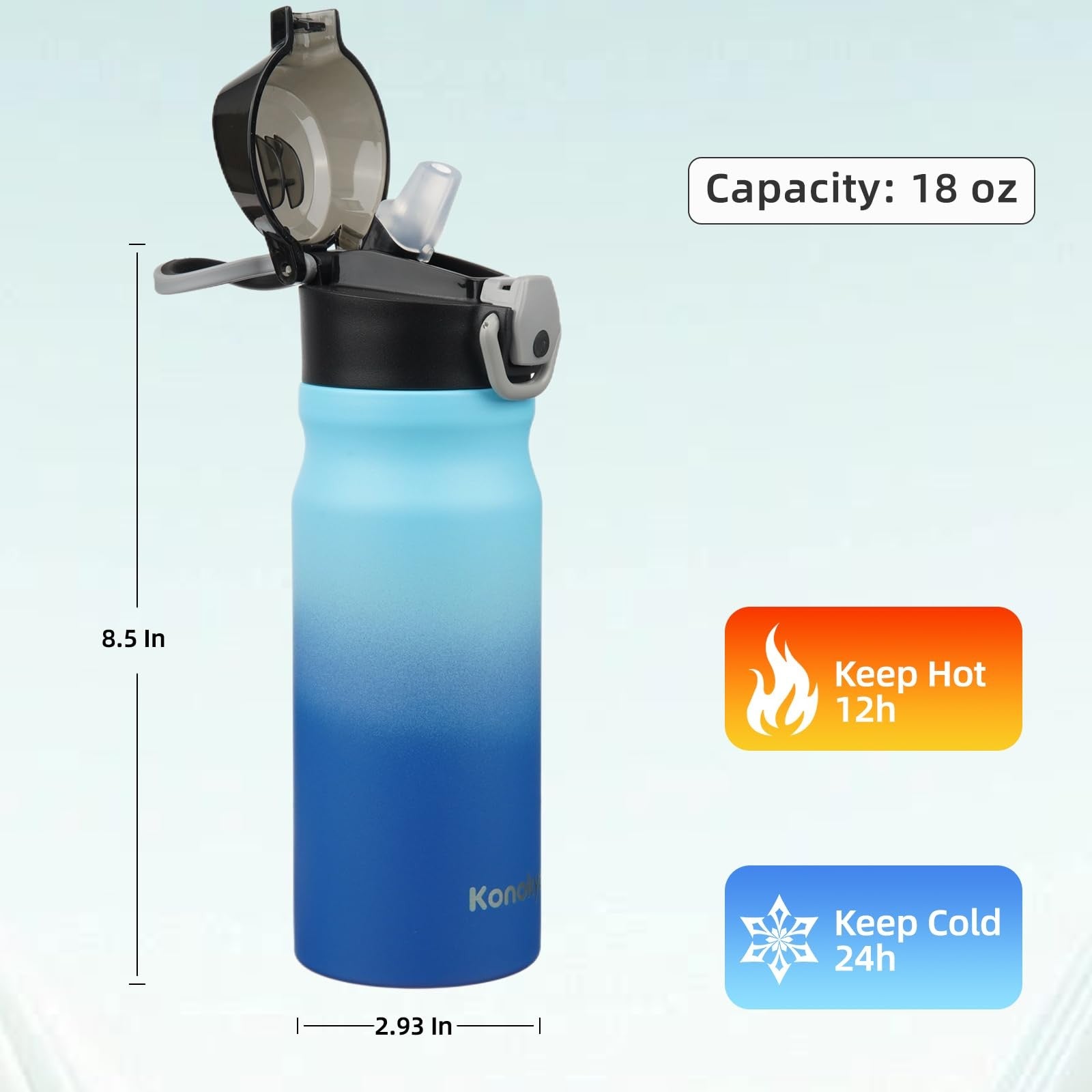 18 Oz Konokyo Insulated Water Bottle, Sky, Stainless Steel, Leak-Proof