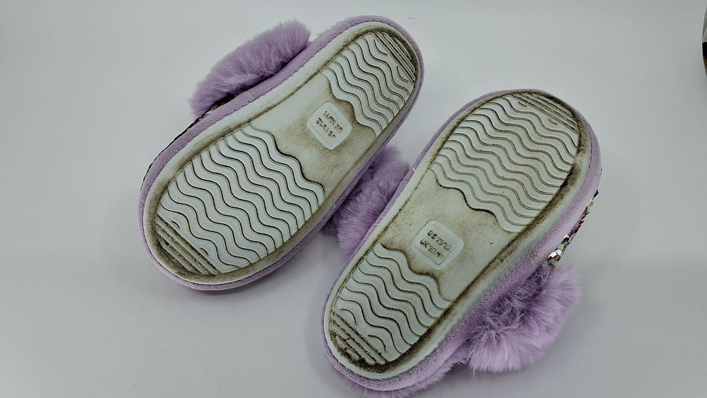 Fuzzy Slip-On Slippers for Girls, Purple Faux Fur, Memory Foam, Size 11-12