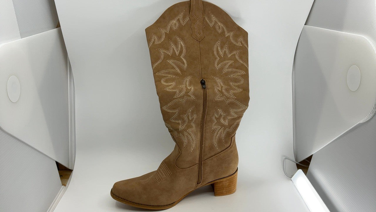Camel Knee High Cowboy Boots for Women 11.5W Side Zipper Chunky Heel