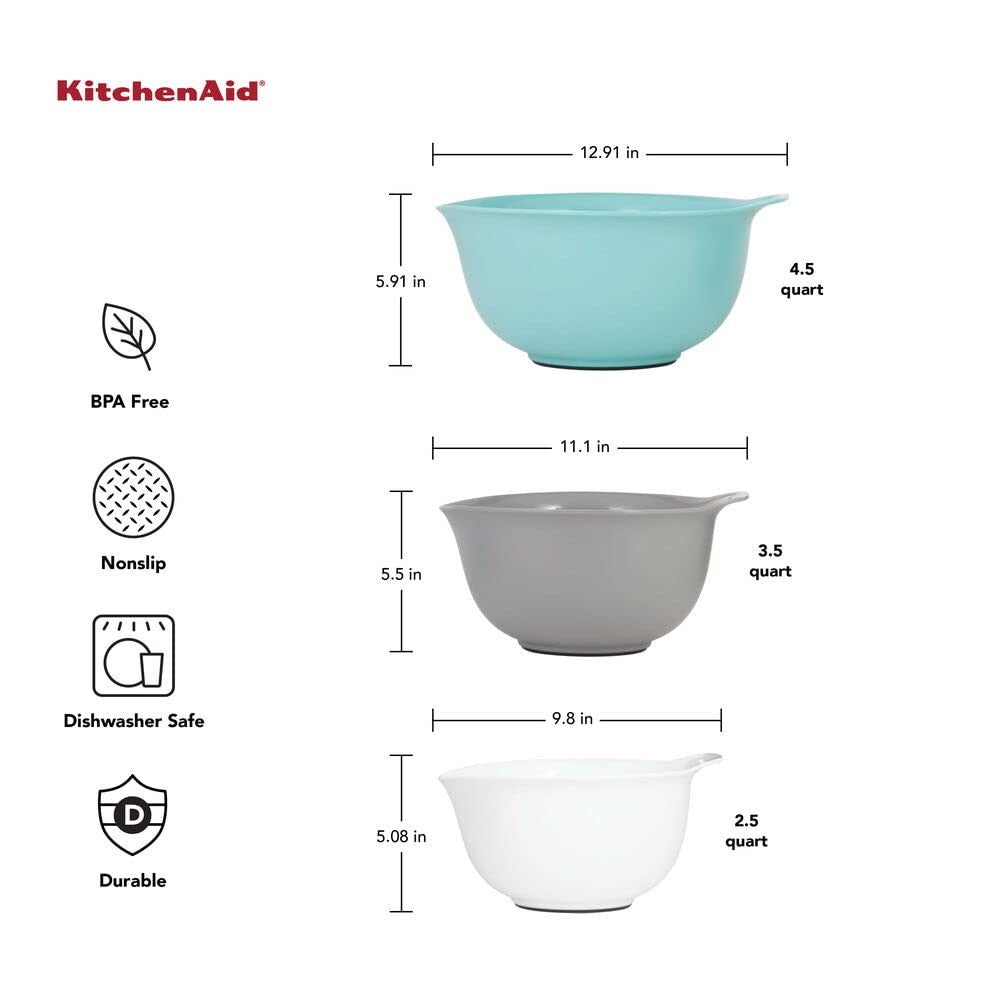 KitchenAid Mixing Bowls Set of 3, Easy Pour Spouts, Aqua Sky, Dishwasher Safe
