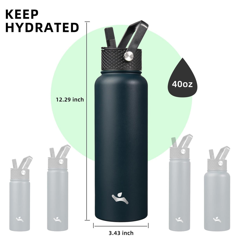Konokyo 40oz Stainless Steel Insulated Bottle Navy Blue w/ 3 Lids