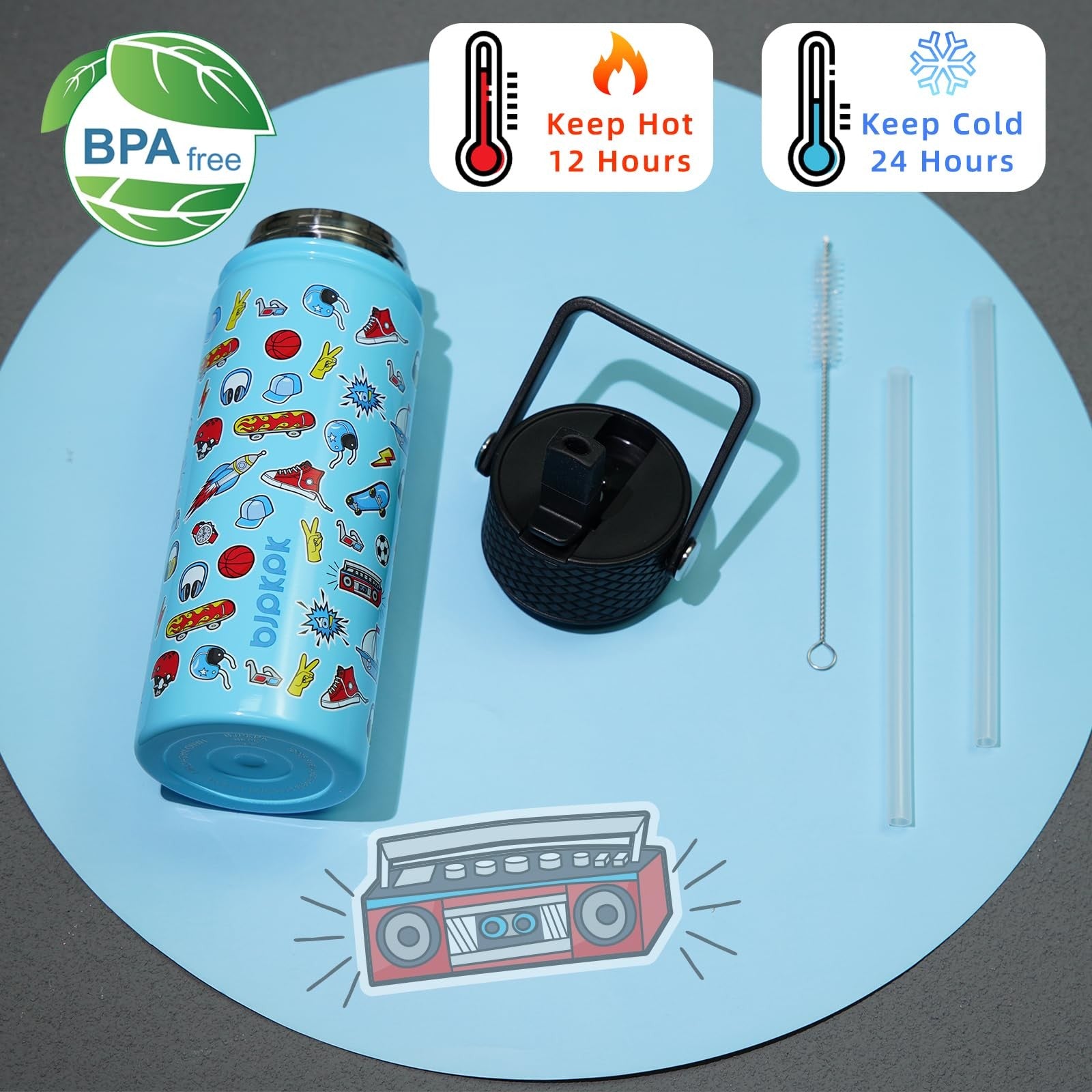 Reusable 18 oz Insulated Water Bottle, Straw Lid, Stainless Steel, BPA Free