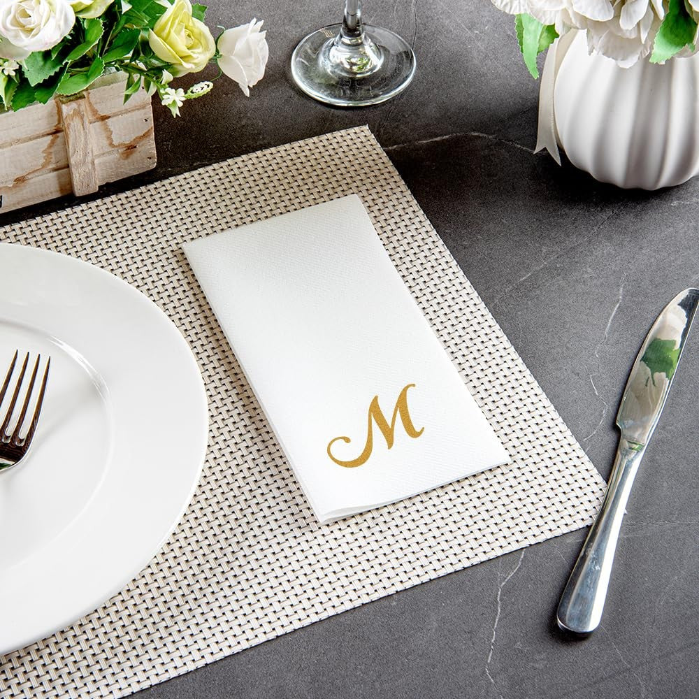 Luxenap 15.8x7.9 In Gold Letter M White Paper Napkins, 50 Count