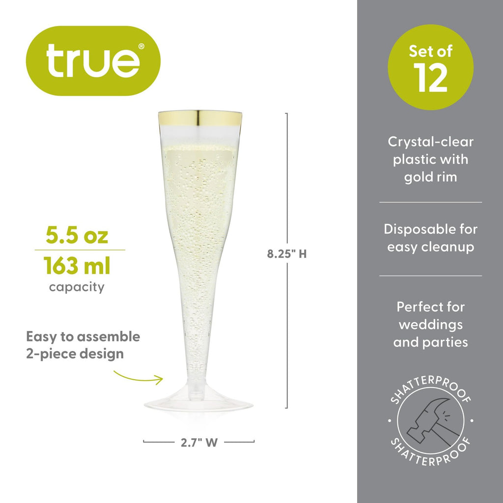Gold Rimmed Disposable Champagne Flutes, 5.5oz, Set of 12