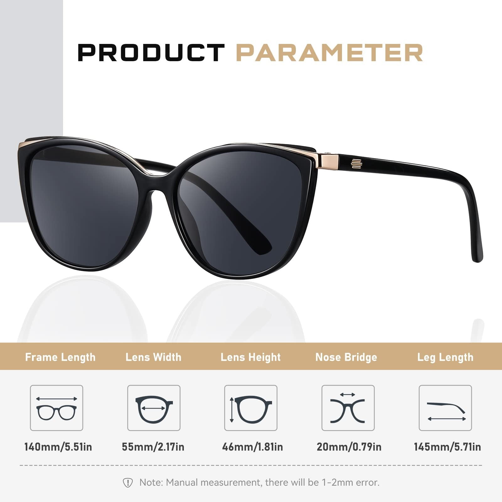 UV400 Protection Cat Eye Sunglasses Black Lens/Frame Women CL22017