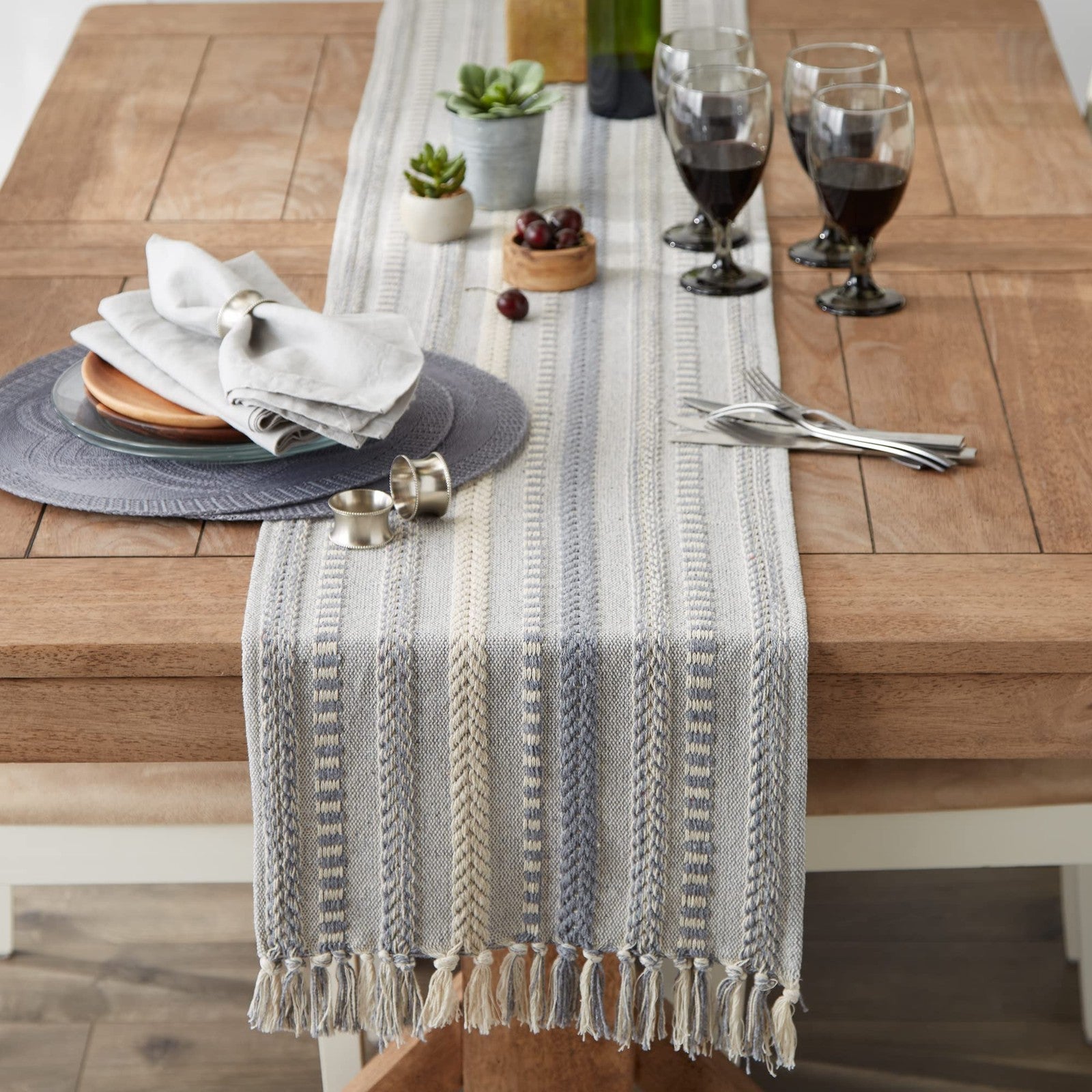 Farmhouse Braided Stripe Table Runner 15x72 Cool Gray, Fringe Included