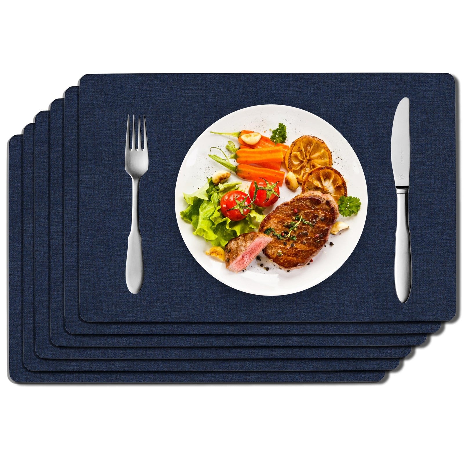 Navy Blue Faux Leather Placemats Set of 6, Waterproof & Easy to Clean