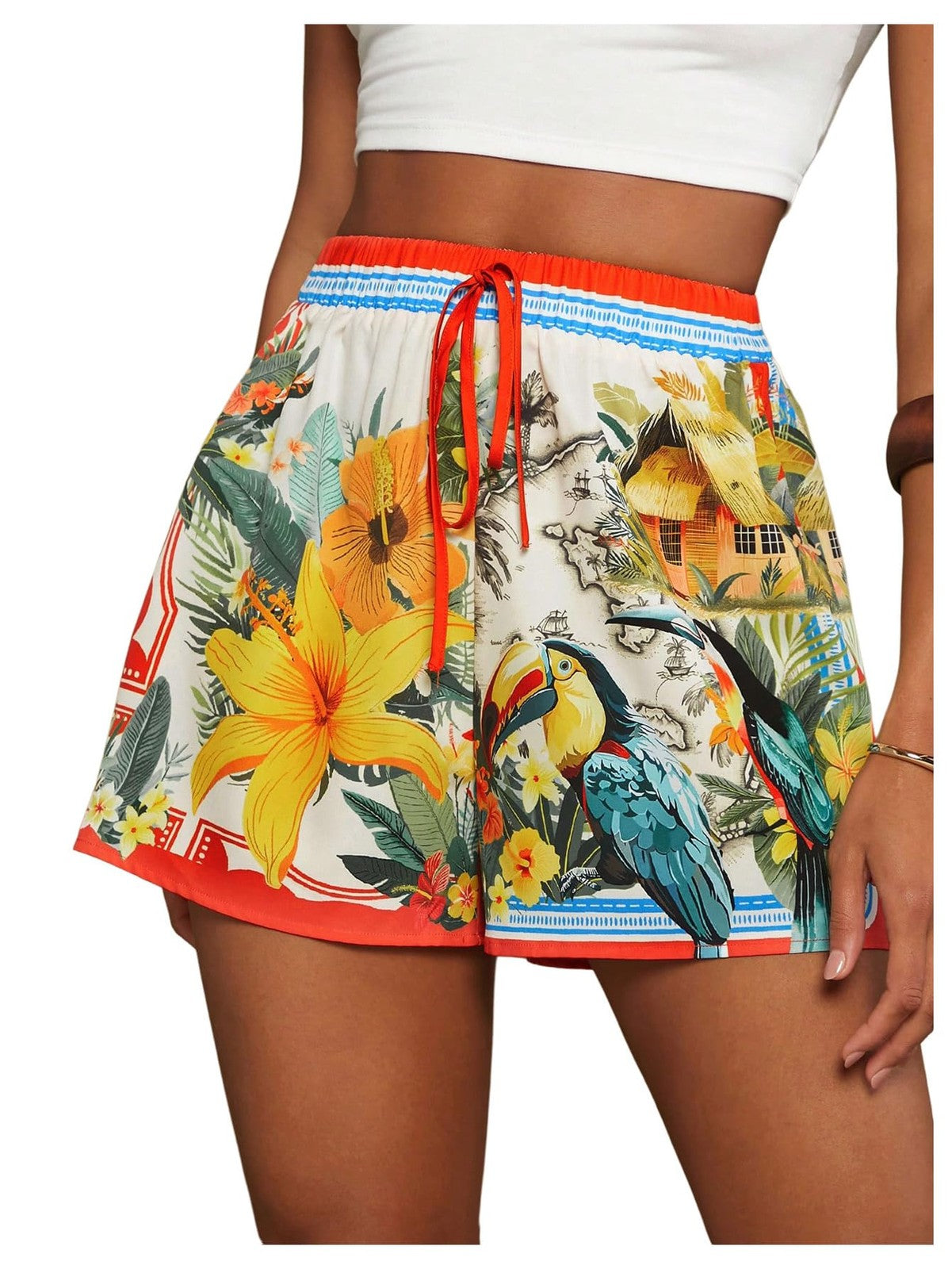 Women's Boho Drawstring Summer Shorts Beige Multi Size Small