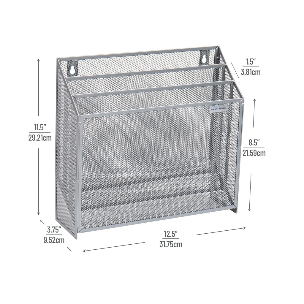 3-Tier Vertical File Storage Basket, Metal Mesh, Silver, 12.5"L x 3.75"W