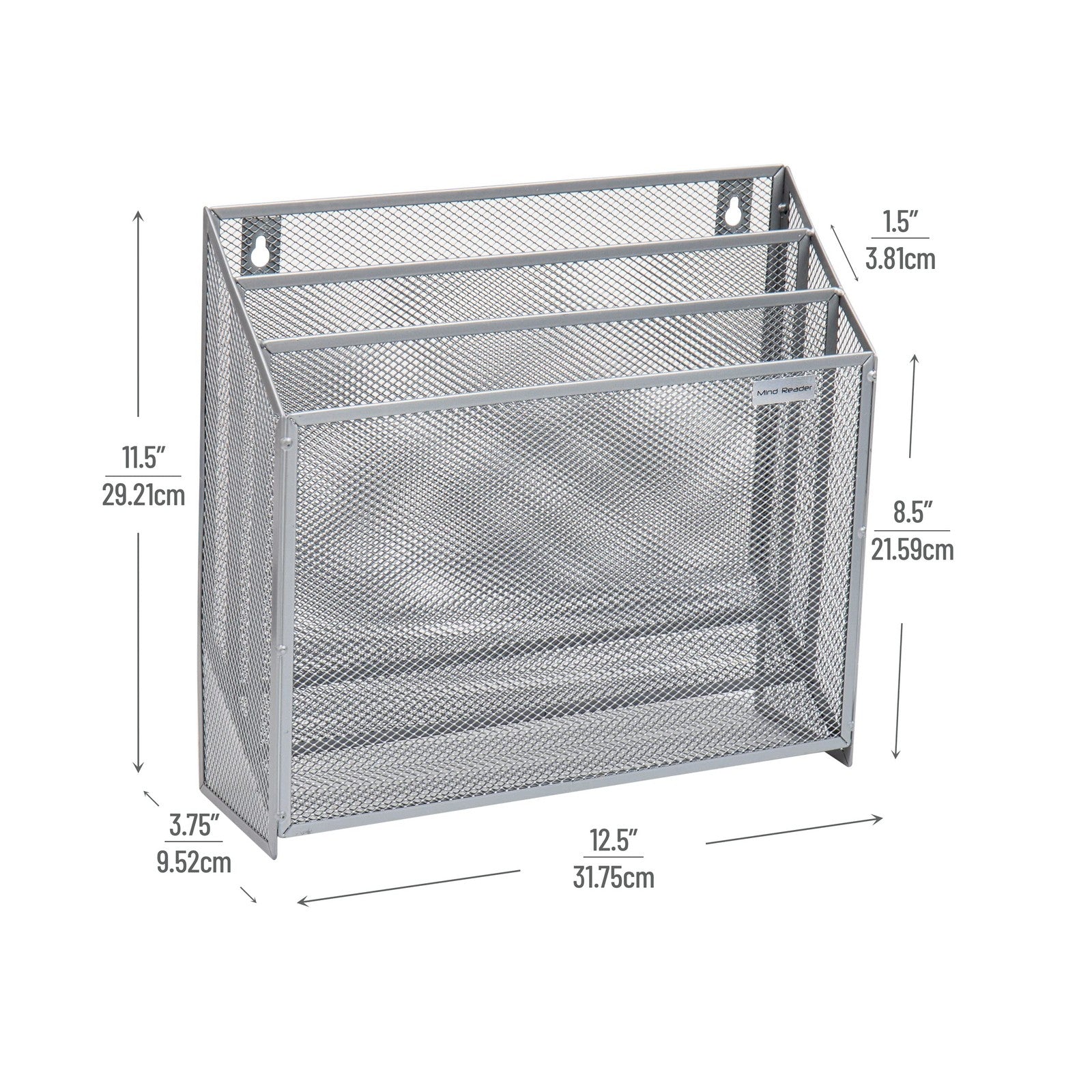 3-Tier Vertical File Storage Basket, Metal Mesh, Silver, 12.5"L x 3.75"W