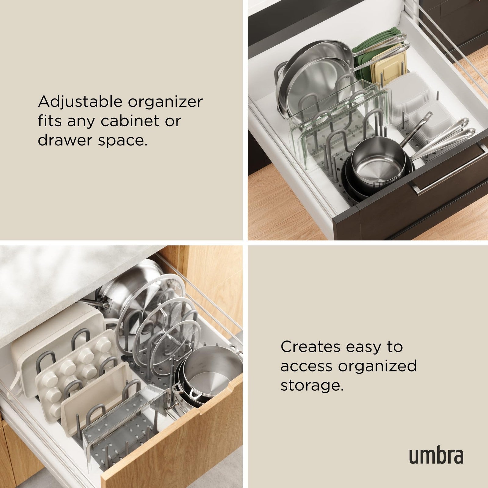 Adjustable Kitchen Drawer Organizer Tray - Peggy, Grey, for Utensils & More