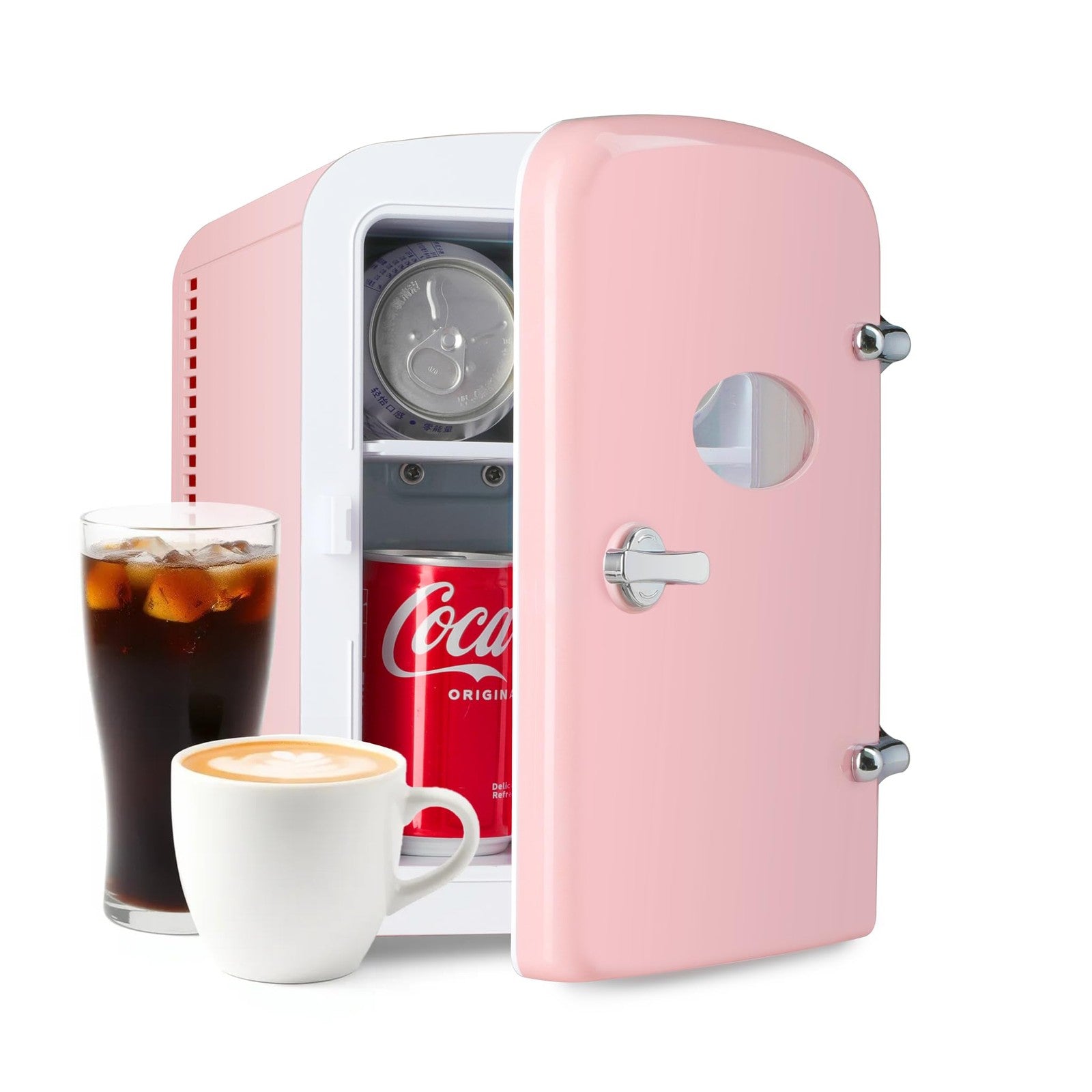 4L Pink Mini Fridge w/ Observation Window, Portable AC/DC Beverage Cooler