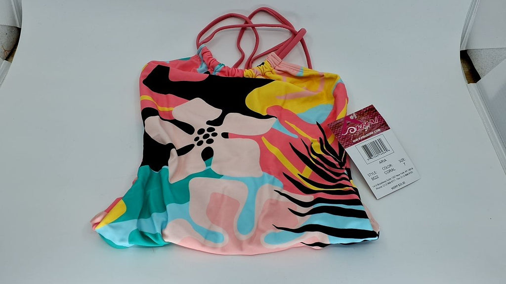 Kanu Surf Girls' Jasmine Beach Sport Halter One Piece Swimsuit, Aria Coral, 7