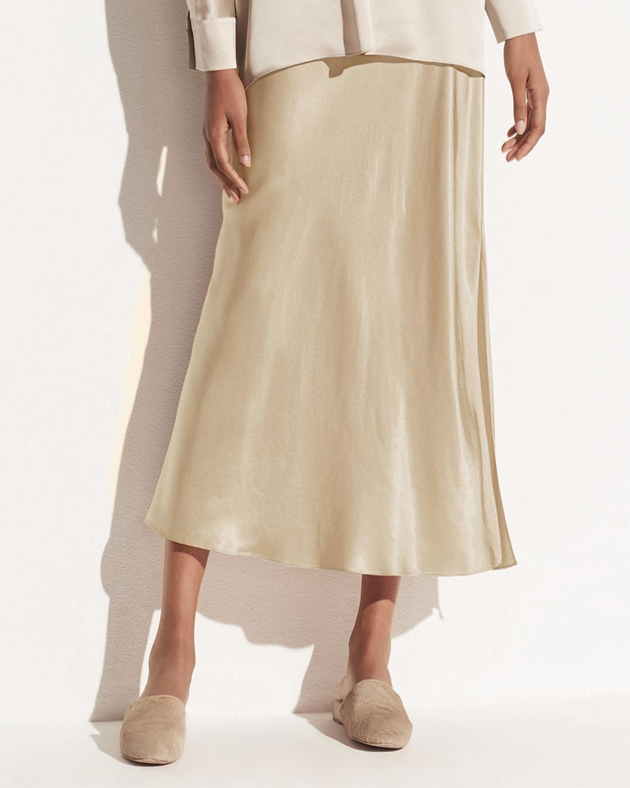Women's Long Satin Maxi Skirt, High Waisted, Champagne, Size S