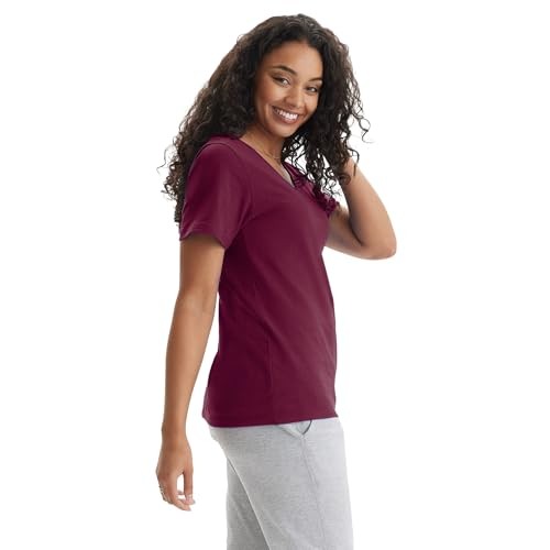 Hanes Women's Maroon Perfect-T V-Neck Tee, Large, Cotton Short Sleeve
