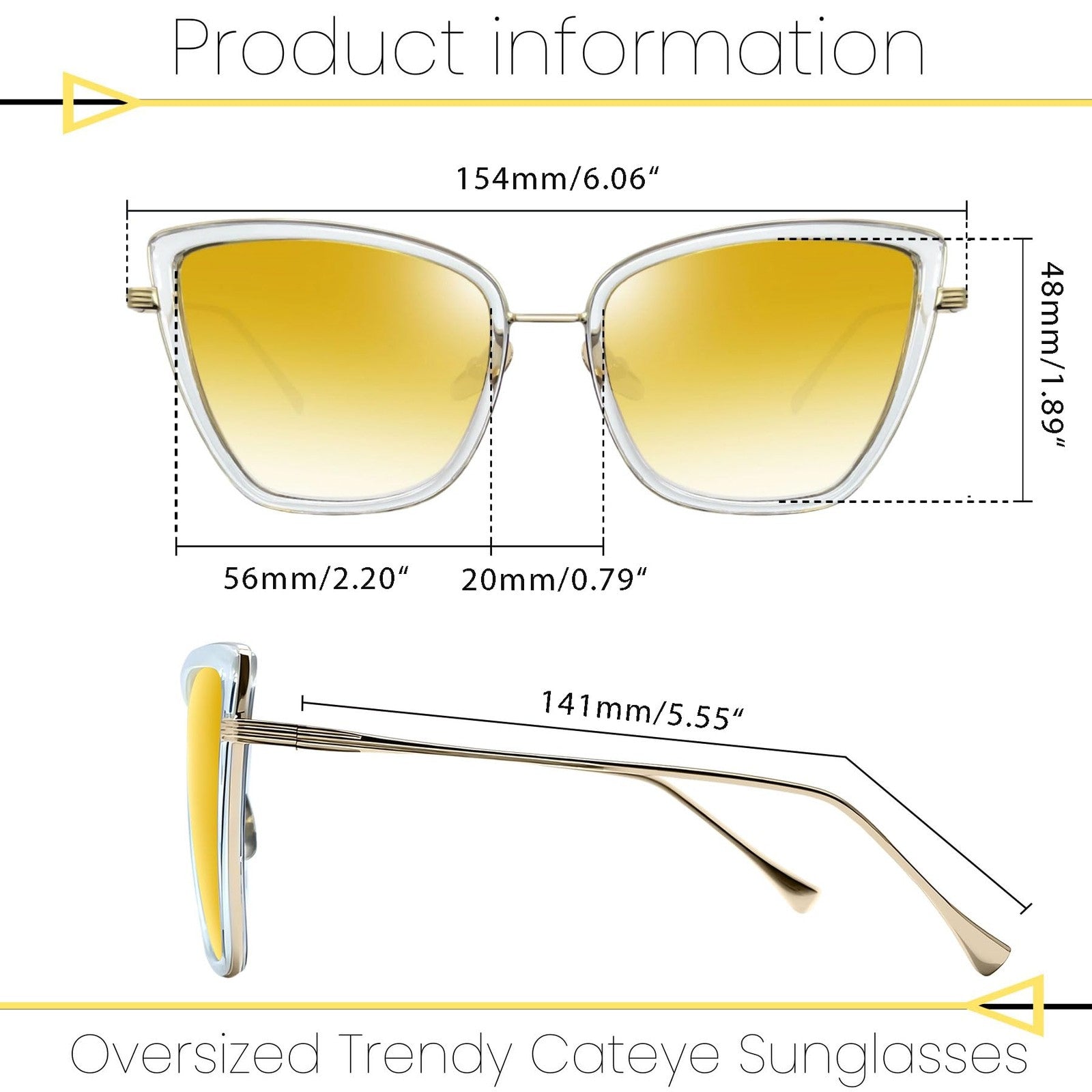 Large Cat Eye Sunglasses w/ UV400 Protection - Gold Frame for Women
