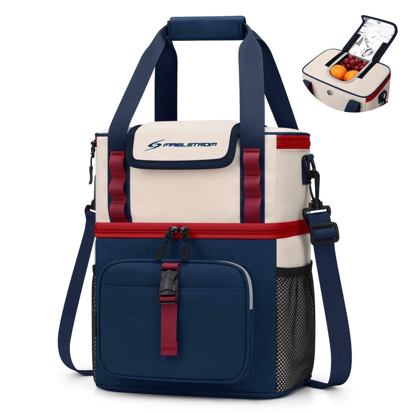 20L Insulated Lunch Bag, Leakproof Double Deck Cooler, Blue-Beige