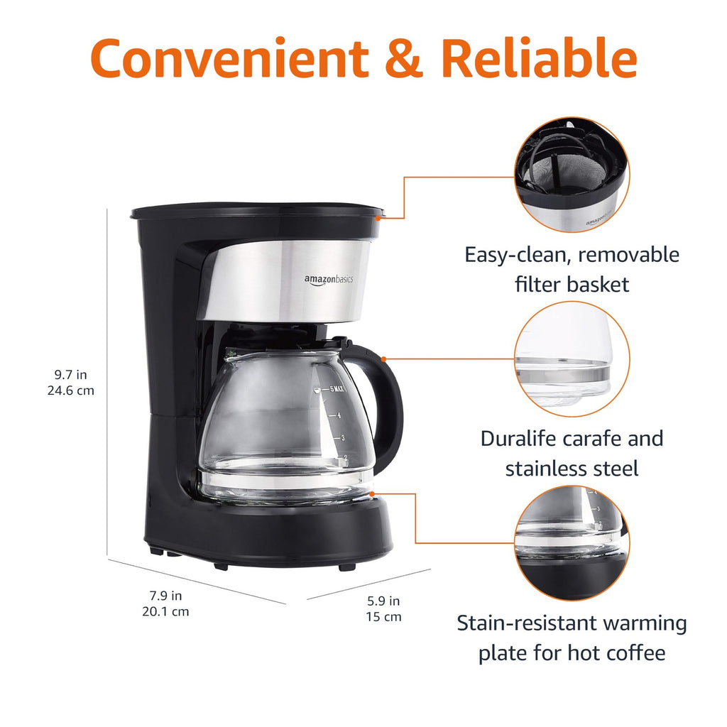 5-Cup Coffee Maker w/ Reusable Filter, Black & Stainless Steel