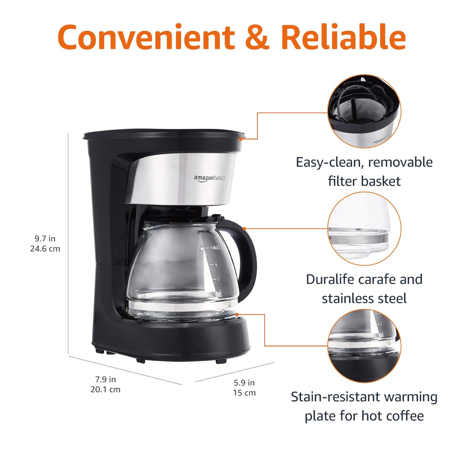 5-Cup Coffee Maker w/ Reusable Filter, Black & Stainless Steel