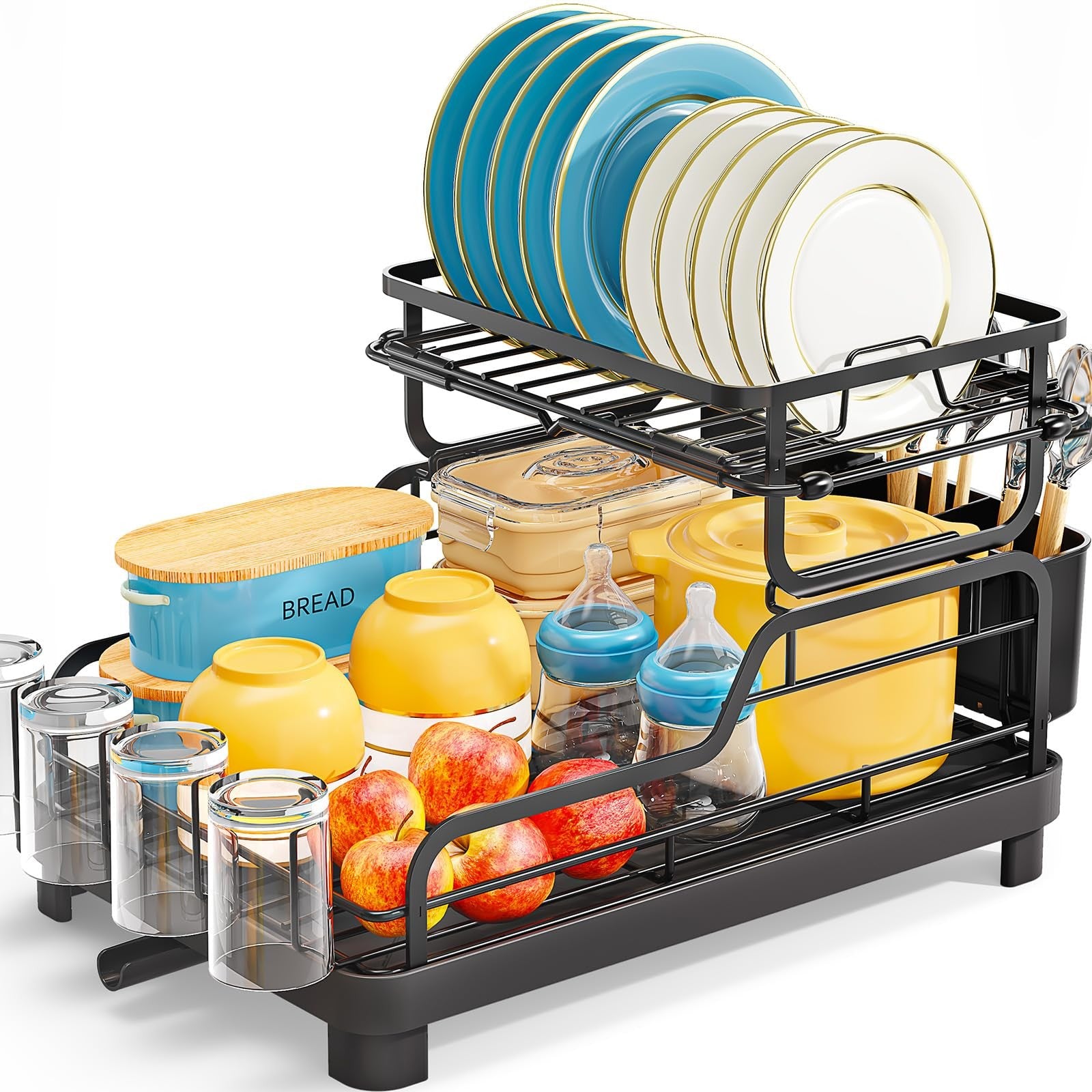 2 Tier Dish Drying Rack, Space Saving, Deep Black, Fits Over Sink