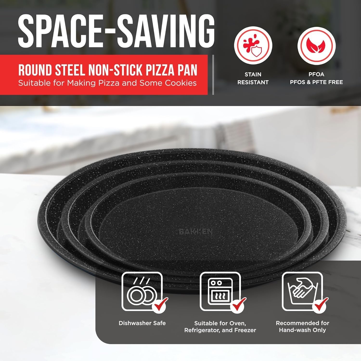 Gray Marble Pizza Baking Pans Set of 3, Non Stick, Oven Safe, Carbon Steel