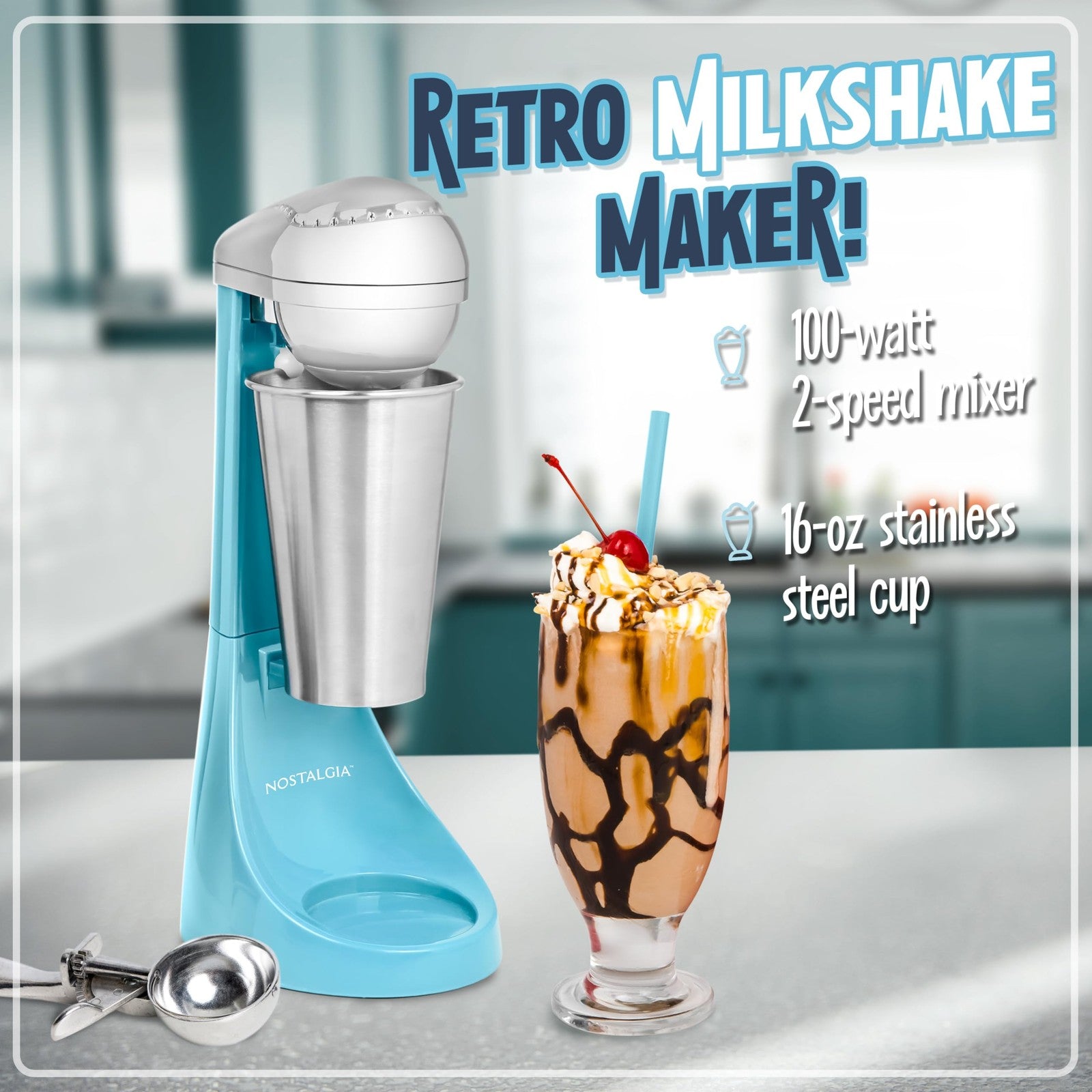 Nostalgia Blue Milkshake Maker, 2-Speed Mixer, 16-Oz Stainless Steel Cup