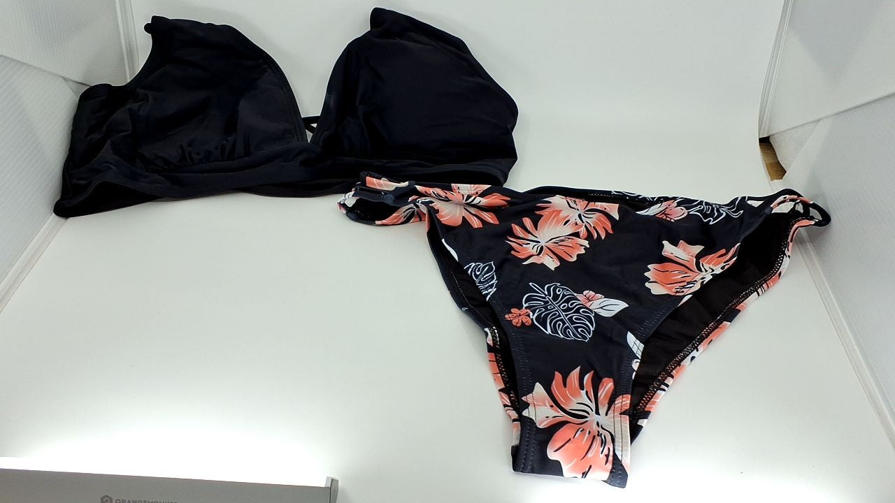Black Floral Women's Push Up Bikini Set w/ Criss Cross Straps
